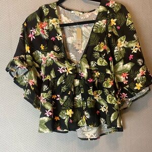 Francesca's Collections Pink and Yellow Ruffled Floral Blouse